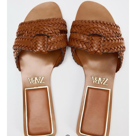 NWT Zara Leather Braided Woven Knot Sandals in Cognac Brown - 6.5 - Picture 3 of 8